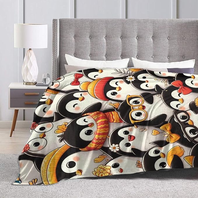 Funny Penguin Blanket Soft Warm Cute Kawaii Penguin Plush Throw Blanket Cozy Flannel Fuzzy Fleece Bedding Stuff Animal Decor Blanket Gifts for Lover Girls Boys Kids Teens Adults Women 50"x60"