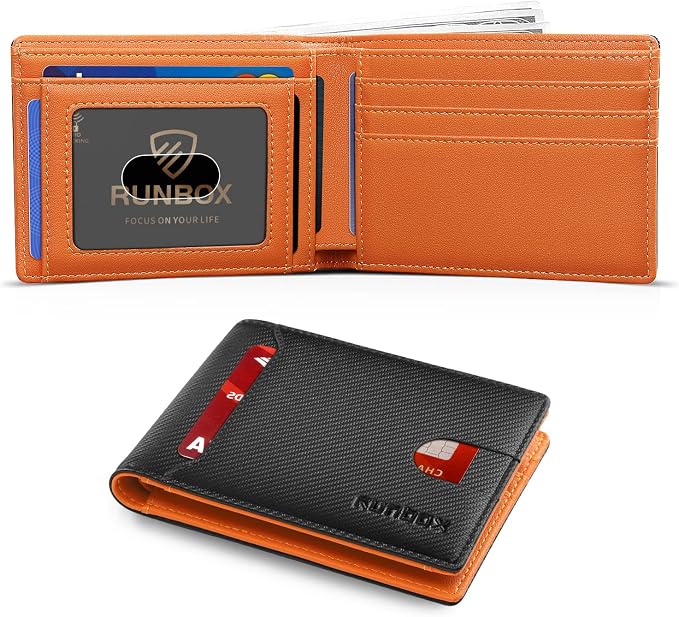 RUNBOX Wallet for Men, Slim Leather Bifold, RFID Blocking Card Holder | Minimalist Front Pocket Design, Credit Card Organizer, Holds 11 Cards, Large Capacity, Thin Profile, Birthday Gifts for Men