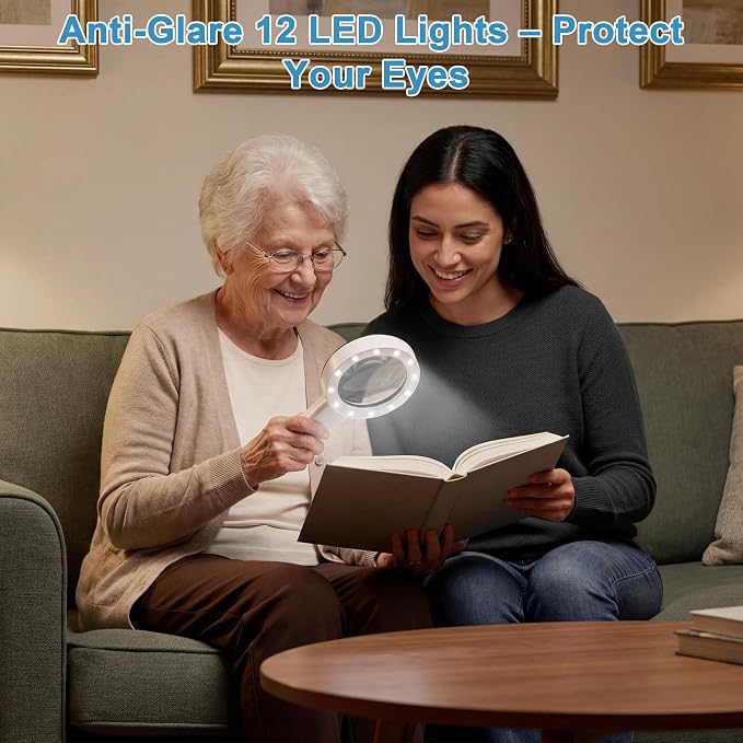 Nazano Magnifying Glass with 12 LED Lights for Senior Reading, 10X | Ultra-clear Handheld Reading Magnifier for Seniors, Macular Degeneration, Close Work, Coins & Pill Bottles
