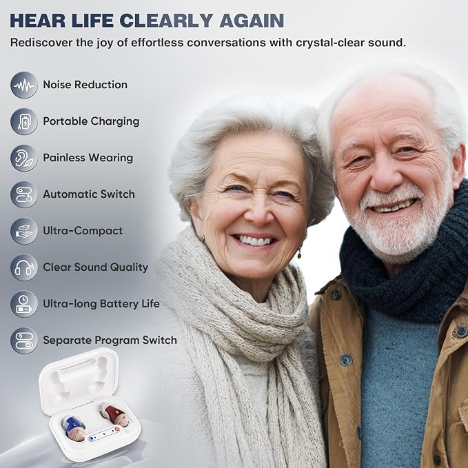 Hearing Aids for Seniors Rechargeable with Noise Cancelling, Hearing Aids, Clear Sound &Rechargeable Charging Case, Super-Mini Invisible Design Comfort Fit in Ear Canal, White