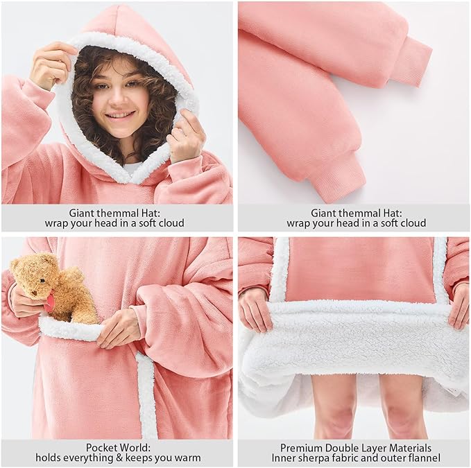 JOYWOO Pink Oversized Wearable Blanket Hoodie,Cat lovers Long Hoodie Blanket for Adult,Birthday Gifts for Women Men Mom,Cozy Sherpa Sweatshirt Hooded Blanket Giant Pocket Gifts,Mellow Rose Oversize