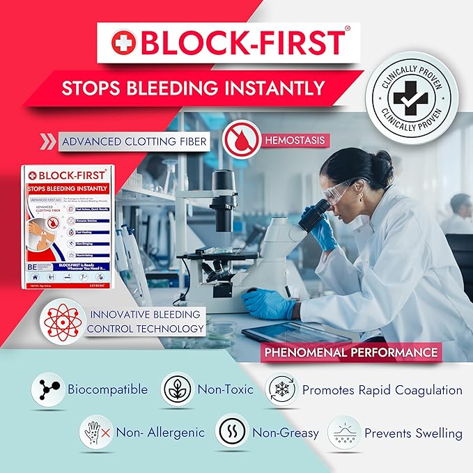 BLOCK-FIRST Advanced First Aid Kit– Stops Bleeding Instantly & Prevents Stitches, Emergency Trauma Medical Kit for Home, Car, Travel, Camping, Hiking, Office, Sports, Outdoor Survival, Multi-Use Pack