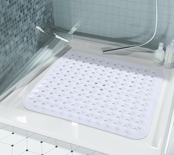 Yimobra Square Shower Mat Non Slip, Super Strong Suction Cups, 21"x21" Bath Tub Mat with Drain Holes, Machine Washable Fast Draining Bath Mats, Bathroom Essentials,White