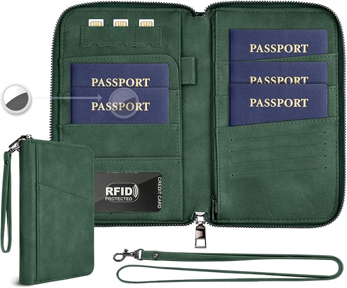 Family Passport Holder Wallet RFID Travel Document Organizer for Women Men, Portable Case Cover for Cards, Boarding Pass with Wrist & Neck Double Strap, Travel Gifts (Charcoal Green, 1pack)