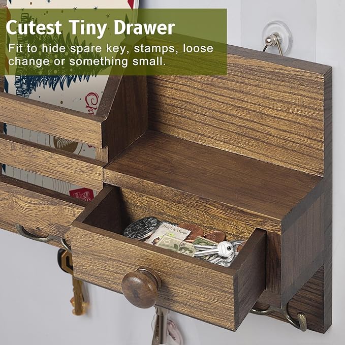 Key Holder Wall Mount, Wooden Key and Mail Organizer, Brown | 2 Mount Options, Includes 8 Hooks, Fence Mail Slot, Small Drawer and Shelf, for Entryway, Hallway, Doorway, Living Room, RV