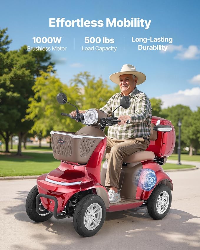 VEVOR Heavy Duty 4-Wheel Mobility Scooter, Powerful 1000W Brushless Motor, 500 lbs Capacity, 21.5 Miles Long Range, All Terrain Mobility Scooter with Lockable Trunk for Seniors & Adults