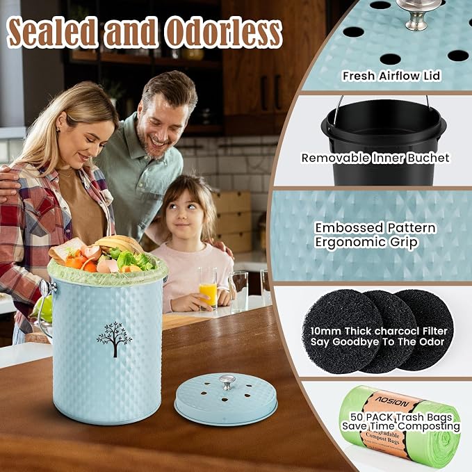 Countertop Kitchen Odorless Compost Bin with Removable Inner Bucket | 1 Gallon Composter Container,Includes 50 Compost Bags,2 Carbon Filters,Compost Bucket, ideal for food scraps,coffee grounds
