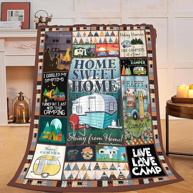 Camping Blanket Soft Warm Plush Throw Blanket Happy Camper RV Gifts for Camper Lover Cozy Lightweight Flannel Fleece Stuff Decor Blanket for Girls Boys Kids Adults Women Bed Travel 60"x80"
