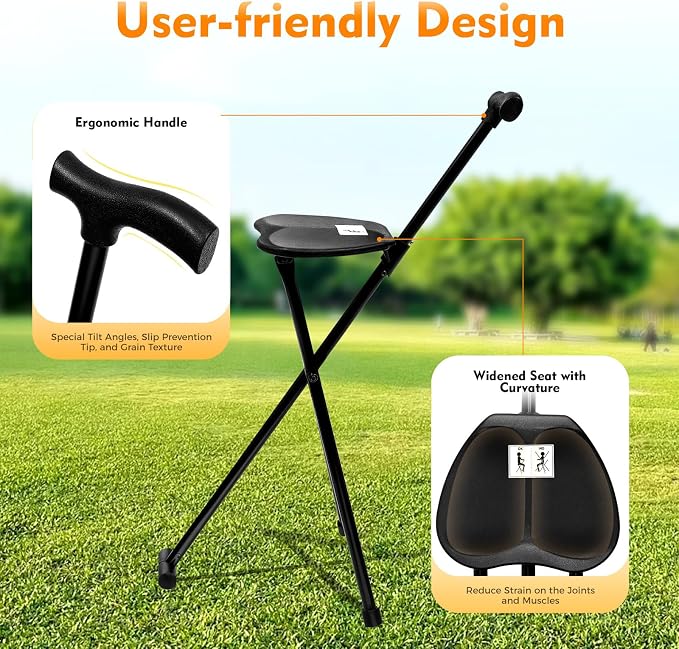 Cane Chair,Walking Cane,35.4 Inches Tall Multi-Functional Foldable Three-Legged Stool, Folding Cane with Seat, Supports Up to 249.12Lbs, Suitable for Both The Elderly and Young