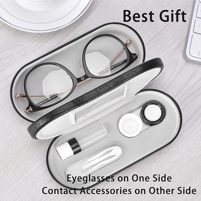 Muf 2 in 1 Contact Lens Case and Glasses Case, Double Sided Design with Mirror, Portable Travel Kit with Tweezer, Remover and Solution Bottle, Black 02