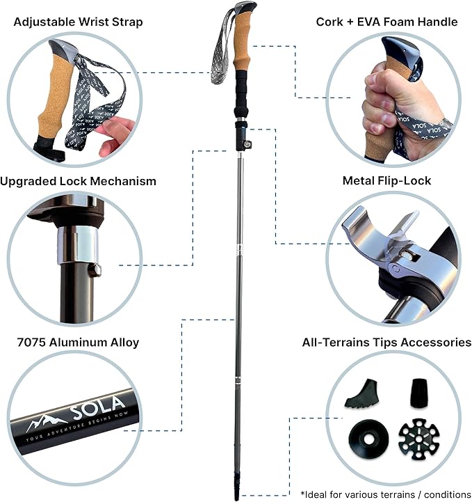 SOLA Trekking Poles Lightweight Collapsible Hiking Poles - 7075 Aluminum Alloy with Anti-Sweat Cork Grips Great for Nordic Walking, Hiking and Camping for Men Women Seniors - 2pcs per Set