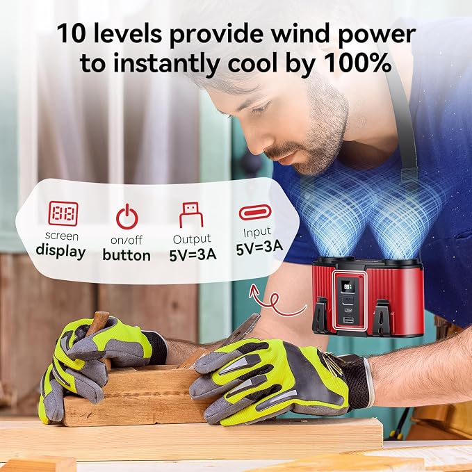 Doublepow 24000mAh Portable Waist Fan, Personal Fan, Dual Air Ducts Motors, Rechargeable Clip On Belt for Working, 10 Speeds 45H Wearable Neck Cooling, for Outdoor Work Travel, Power Outage (Red)﻿