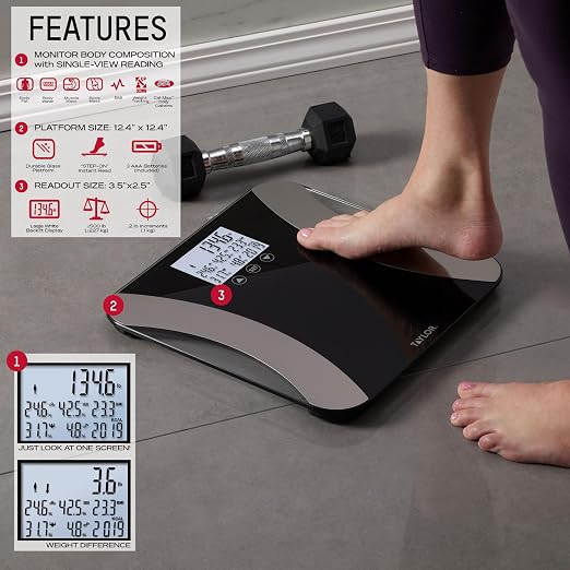 Taylor Digital Glass Body Composition Scale, Bathroom Scale for Body Weight, Measures Body Fat, Body Water, and Muscle Mass, Athlete Mode, 8-User Recognition, 500 lb Capacity, Black