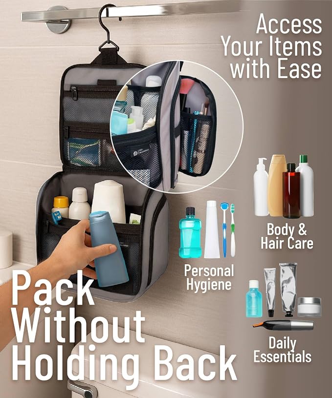 D&D Wanderlust D&D Hanging Travel Toiletry Bag for Men and Women – Cosmetics, Makeup and Toiletries Organizer Kit with 10 Compartments