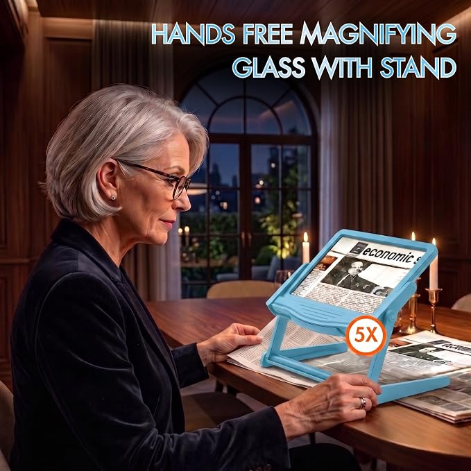 MAGNIPROS 5X Rechargeable LED Page Magnifier with Foldable Stand, Hands-Free Lighted Magnifier with 3 Color Modes, Anti-Glare Lens for Reading Small Print, Low Vision, Seniors, Crafts