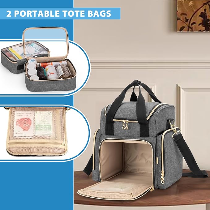 LUXJA Large Medicine Bag with 2 Removable Cases, Gray | Medicine Storage Bag with Multiple Pockets, Pill Bottle Organizer with Shoulder Strap, Trolley Sleeve for Travel or Home