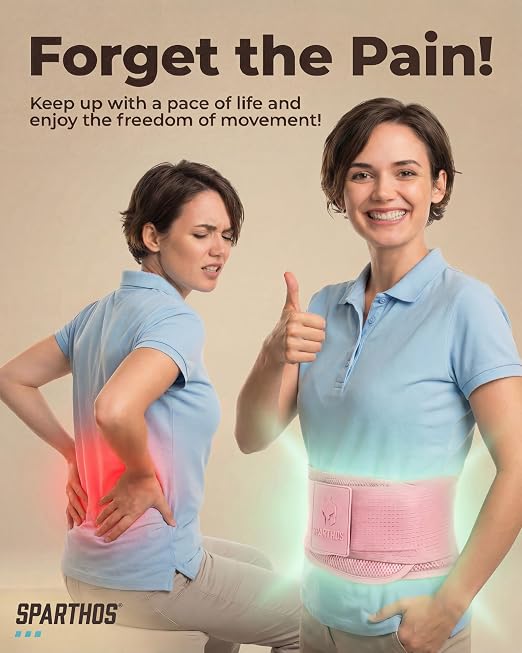 Sparthos Back Brace for Lower Back Pain - Immediate Relief from Sciatica, Herniated Disc - Lumbar Support Pad - For Home & Lifting At Work - For Men & Women - Fits 44–52″ Waist (Pink-L, Check Sizing)