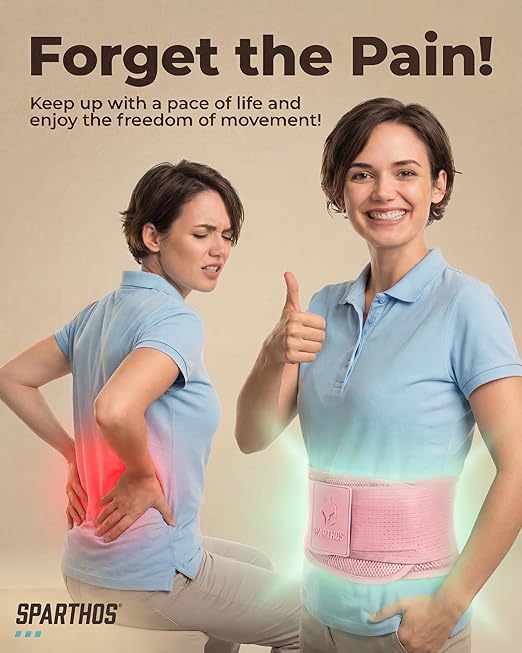 Sparthos Back Support Belt - Immediate Relief from Back Pain, Herniated Disc - Breathable Brace With Lumbar Pad - Lower Backbrace - For Men & Women - Fits 24–31″ Waist (Pink-XS, Check Size Chart)