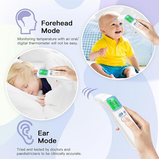 Ear & Forehead Thermometer for Adults, Kids & Baby, 1s Fast and Accurate | Fever Alert with 4-Color Backlit Display, Storage Pouch Included, Silent Mode, ℃/℉ Switchable, 35 Memories, Object Mode
