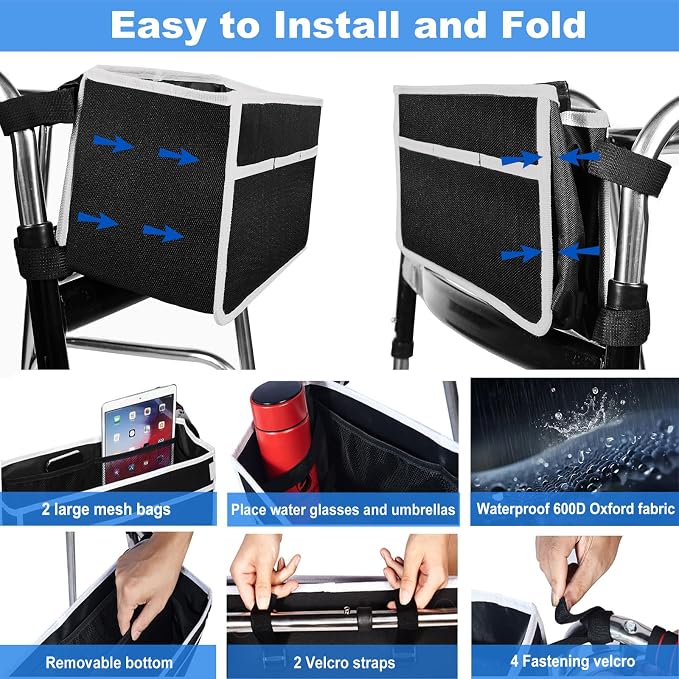 Yuan & Chuang Walker Bag - Foldable with 6 Elastic Straps, Stronger Than Other Baskets, Multiple Pockets & Never Tipping Over for Elders and Family - Black