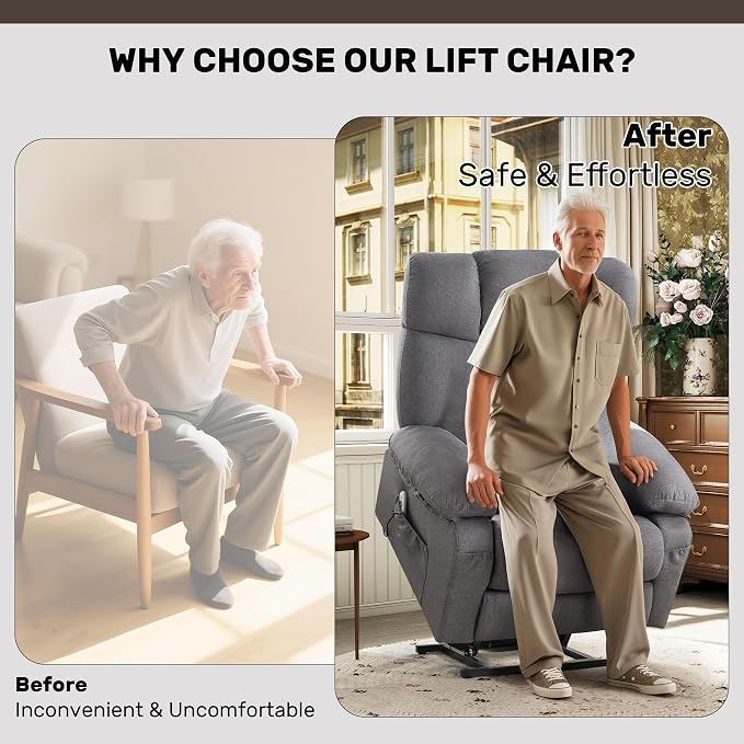 Oversized Power Lift Recliner Chair for Elderly, Big and Tall Lift Chair with Massage and Heat for Living Room, Fabric Electric Recliner Chairs with Side Pocket, USB Charge Port Grey