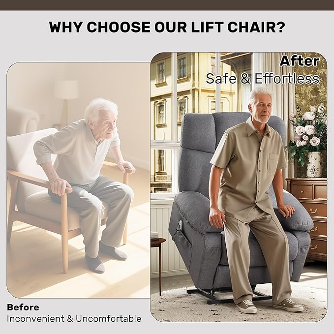 Power Lift Recliner Chair for Elderly, Big and Tall Lift Chair with Massage and Heat for Living Room, Fabric Electric Recliner Chairs with Side Pocket, USB Charge Port Grey