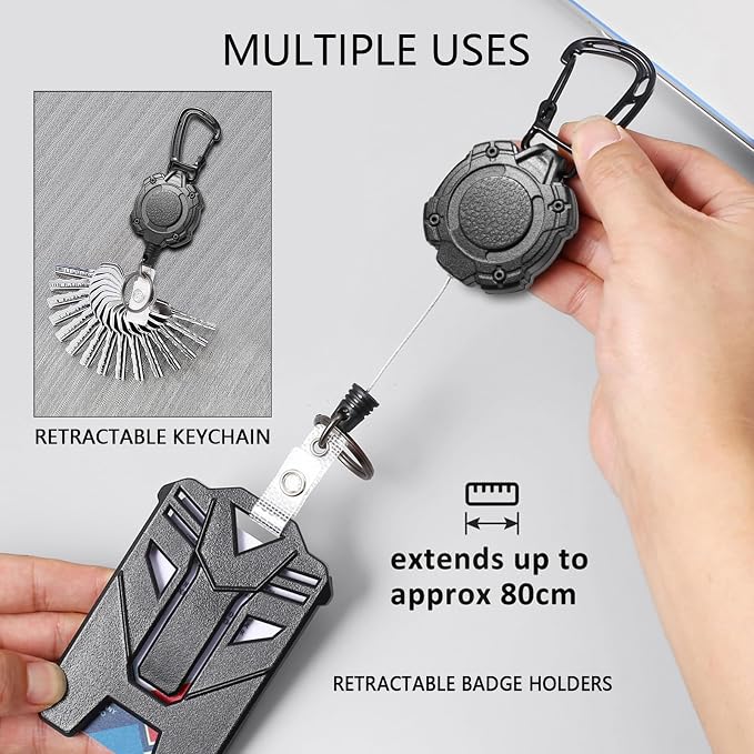 Badge Holder Retractable Clip Heavy Duty Carabiner Badge Reel Keychain with Id Cards Holder Cool Tactical ID Holder (2 Holders and 2 Badge Reels Black # 04)