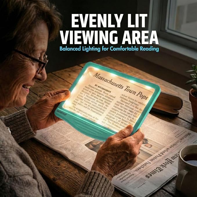 MAGNIPROS 5X Rechargeable LED Page Magnifier, Large Anti-Glare Lens, Ultra Bright 3 Color Light Modes- Reduces Eye Strain for Small Print, Low Vision & Seniors