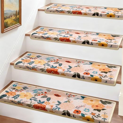 RORA Bullnose Stair Treads for Wooden Steps, Non Slip Stair Carpet 2pcs | Washable, Self-Adhesive, Floral Stair Rug Runner with Edge Protection for Indoor, Pets & Elder, 29.5 x 9.5x 1.7, Pink