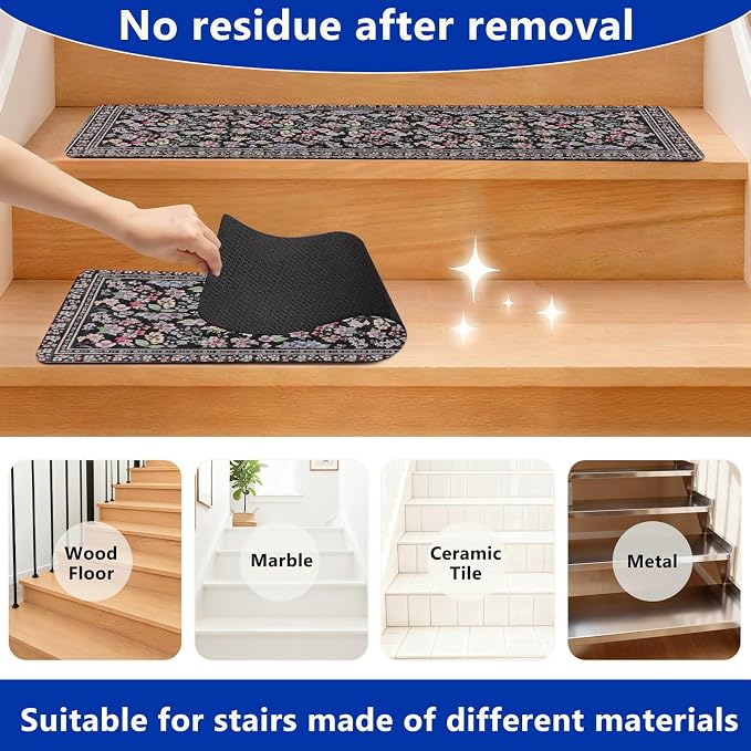 Vintage Floral Stair Treads Non Slip Carpet Stair Treads for Wooden Steps Indoor 15PCS 30"x8" Stair Runner Stair Mats Safety Staircase Step Treads for Elders Kids Dogs Light Black