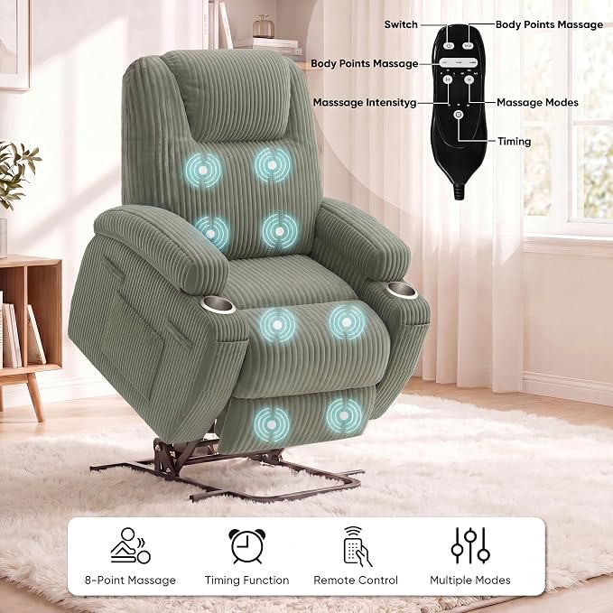 Flamaker Power Lift Chair Massage Recliner Chairs for Elderly | Ergonomic Lift Recliner Design with Cup Holders & Side Pockets, Remote Control (Corduroy, Green)