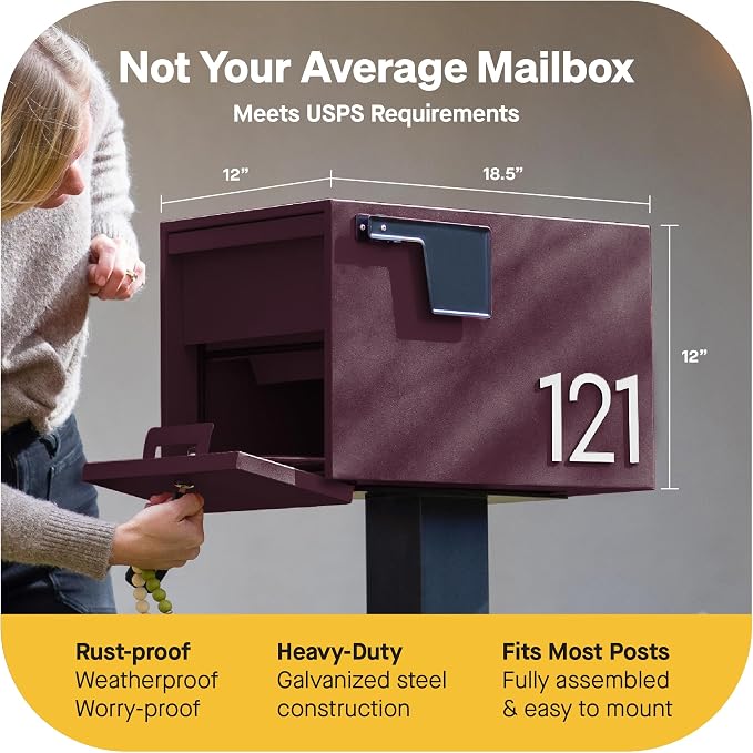 Adoorn Lockable Post Mount Mailboxes for Outside - Small Anti-Theft Locking Mailbox for Packages and Letters - Weatherproof Construction - Durable Steel - 12" H x 12" W x 18.5" D - Malbec
