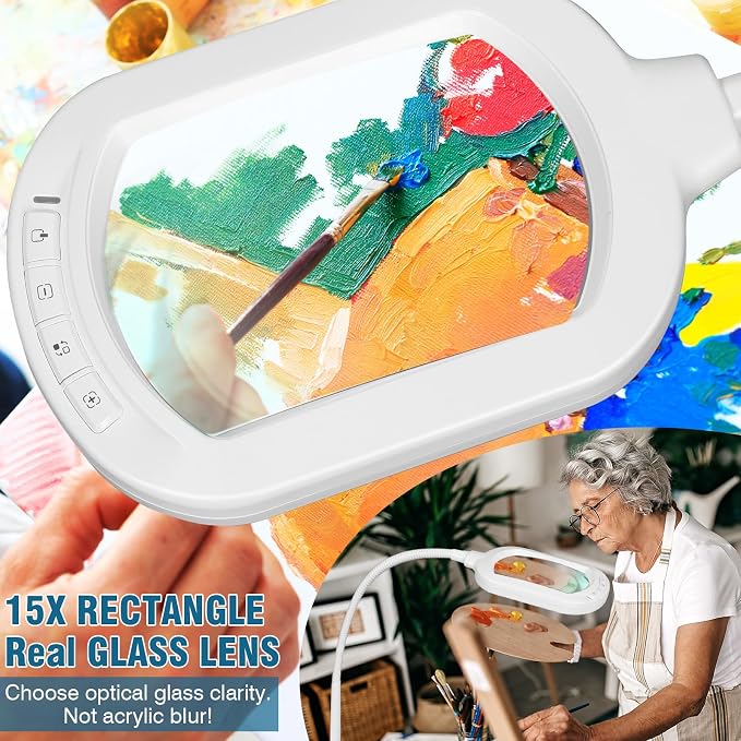 Large Magnifying Glass with Light and Stand, 15X Rectangle Optical Real Glass Lens, Height Adjustable Gooseneck Magnifier Floor Lamp, 5 Color Modes LED Dimmable Lighted Hands Free for Crafts - White