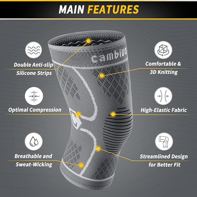 CAMBIVO 2 Pack Knee Brace, Knee Compression Sleeve for Men and Women, Knee Support for Running, Workout, Gym, Hiking, Sports (Cool Gray,Medium)