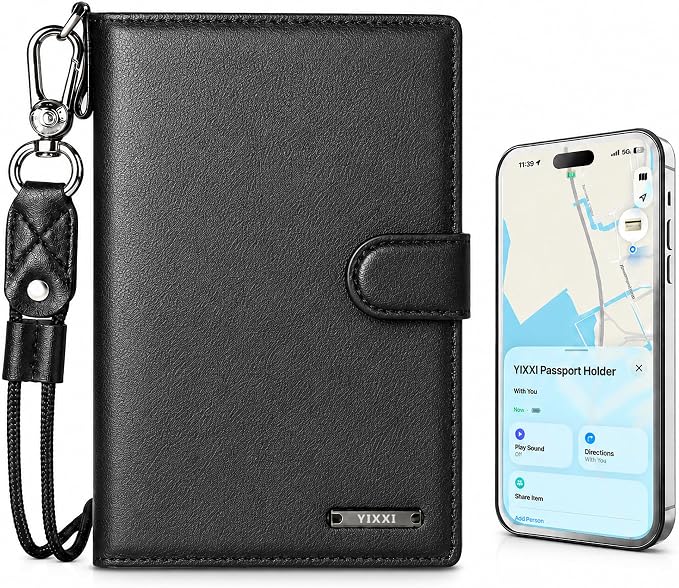 Trackable Passport Holder for Travel, RFID Blocking Wallet, Black | Rechargeable PU leather cover works with Apple Find My and is Apple MFi certified; it includes card storage and a lanyard.
