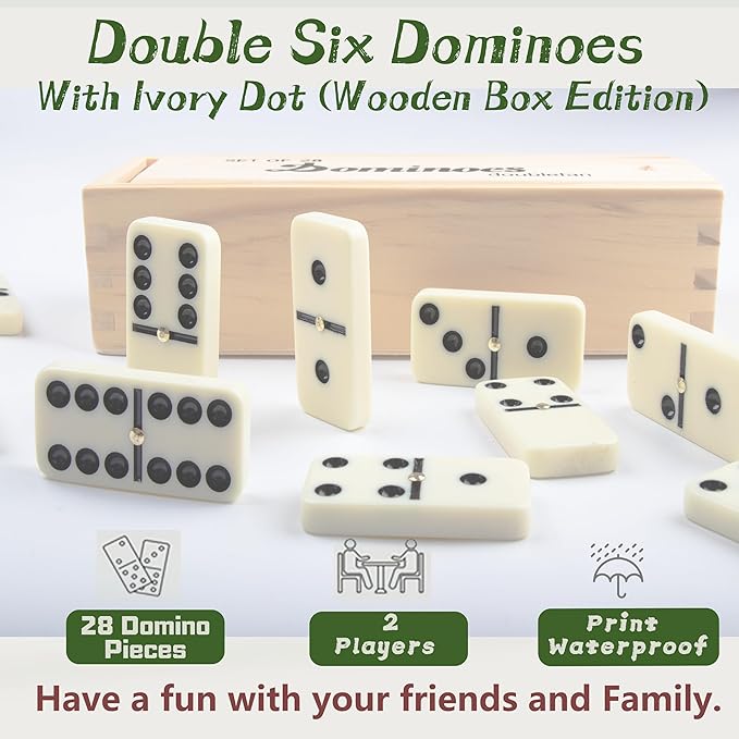 Smilejoy Dominoes Set for Adults, Domino Set for Classic Board Games, Double 6 Domino Game Set 28 Pieces with Natural Wood Case (2 Players)