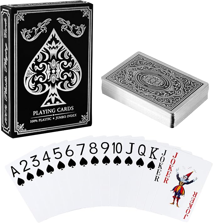 Plastic Playing Cards Waterproof Cards, Deck of Cards, Large Print Playing Cards for Adults Seniors, Premium Poker Card for Blackjack, Euchre, Canasta, Go Fish Card Games (Silver)