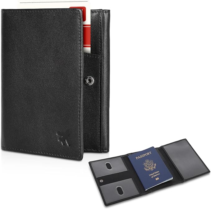Polare Napa Leather Pilot Wallet Passport Holder RFID Blocking Tri-fold Travel Cover Document Organizer for Aviation Professionals (Black)