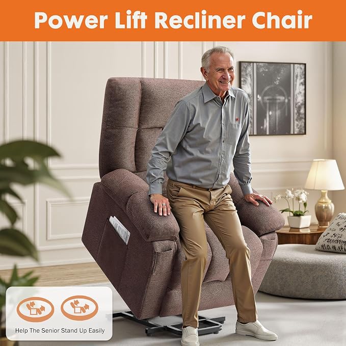 Sweetcrispy Power Lift Recliner Chair with Vibration Massage and Heat for Adults, Ergonomic Overstuffed Breathable Fabric Reclining Chair with Side Pockets, Remote Control, Living Room, Bedroom, Brown