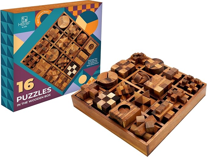 BSIRI 16 in 1 Wooden Brain Teaser Puzzles for Adults and Seniors Interlocking 3D Mini Wood Mind Games Hand Puzzle Teasers Set Toys Coffee Table Games Gift