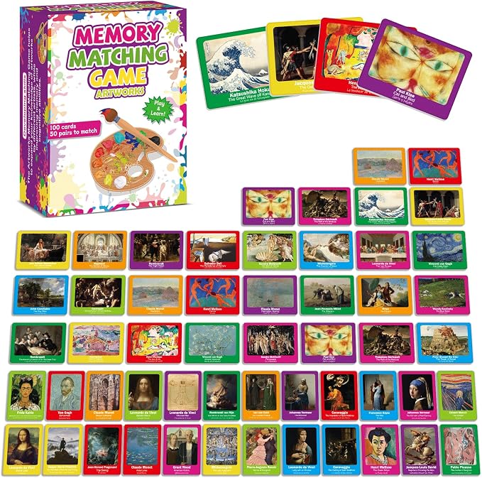gisgfim 100 PCS Memory Matching Game Famous Paintings Concentration Memory Card for Adults Learning Educational Game A Fun & Fast Artworks Theme Matching Games