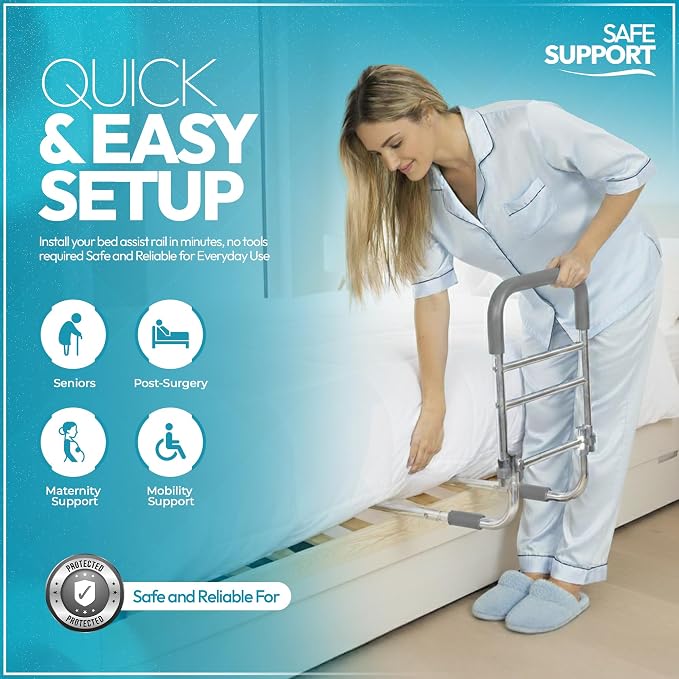 Bed Rails for Elderly Adults Safety – ASTM & CPSC Approved Adjustable Bed Rail For Seniors, Bed Cane with Non-Slip Ergonomic Handle, Fits King, Queen & Standard Size Beds, Tool-Free Assembly, 300 lbs