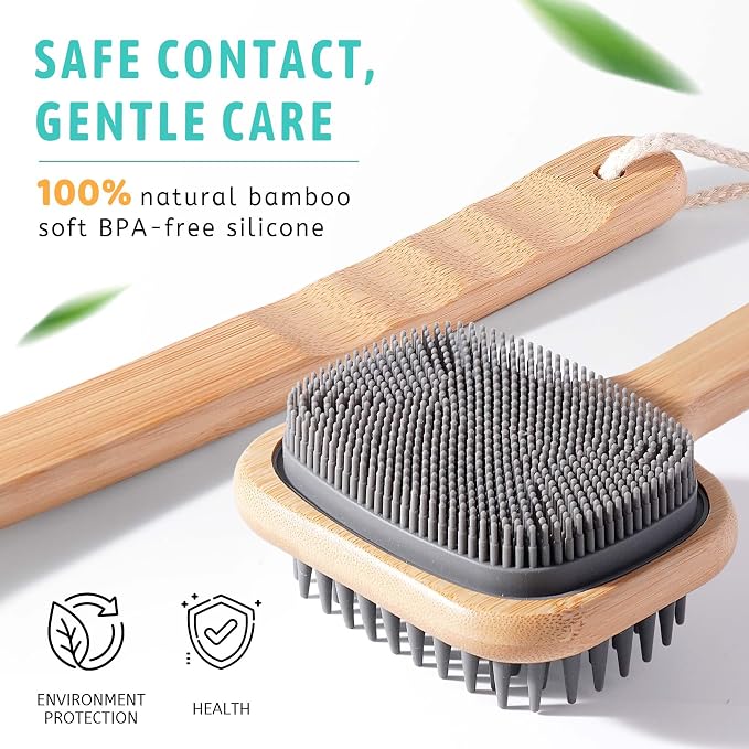 NURENDER Bamboo Back Scratcher 16.92'', Double-Sided Soft Silicone Bristles | Back Scratcher for Men and Women, Itch Reliever Curved Handle for Full Body, Dry and Wet Use Body Brush