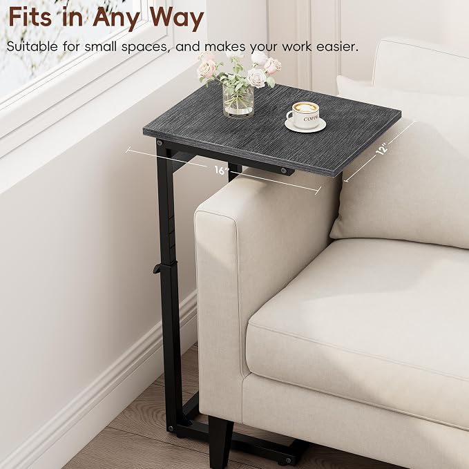 C Shaped End Table with Charging Station, 33" Tall Side Table for Couch, Adjustable Height C Table End Table, Couch Table Slide Under Sofa Table TV Tray Table for Living Room, Gray Walnut