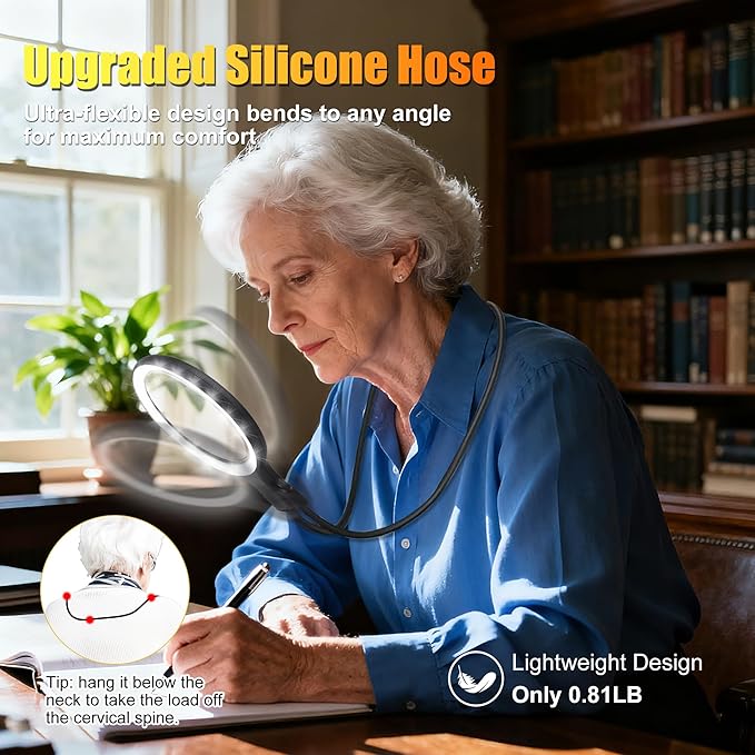 Hands-Free Neckband Magnifier & Magnifying Glass with Light for Seniors – Rechargeable 5X/10X Large 5.3" Lens for Close Work, Reading, Sewing, Cross-Stitching, Crafts