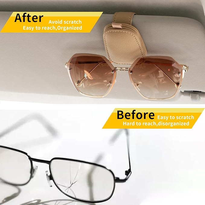 Yuoyar Magnetic Leather Sunglasses Holder for Car, 2 Packs (Beige) | Magnetic Car Visor Accessories