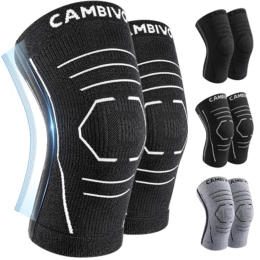CAMBIVO Knee Brace for Women and Men with Side Stabilizer 2 Pack, Lightweight Knee Compression Sleeves for Knee Pain Relief, Knee Sleeves for Running, Workout and Daily Activities (Dark Gray, Medium)