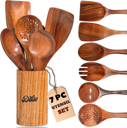 Wooden Kitchen Utensil Set, Cooking Spoons with Storage Holder, Non Stick, Heat Resistant and Lightweight, 7 Pcs Set, Teak Wood