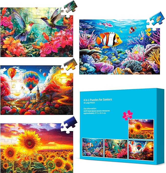 4 Packs Large Piece Puzzle for Seniors - Dementia 36 Pieces Puzzles for Elderly Adults,Alzheimer Puzzles Memory Cognitive Games for Elderly Seniors with 4 Storage Bags