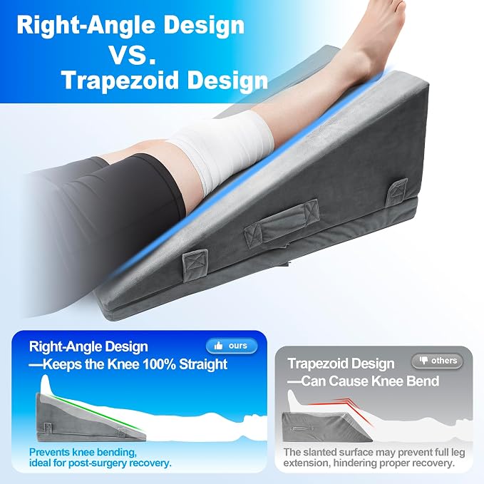 Leg Elevation Pillows for After Surgery – Keeps the Knee Straight, Ergonomic Wedge Pillow with Full-Leg Contour for Post-Op, Injury & Pain Relief, Reduces Swelling, Memory Foam & Washable Cover